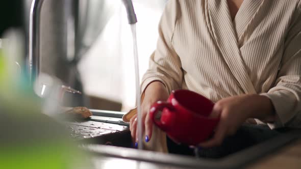 Female hands washing dishes