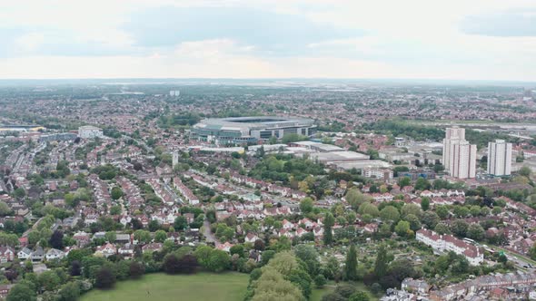 Long dolly forward drone shot towards twickenham stadium