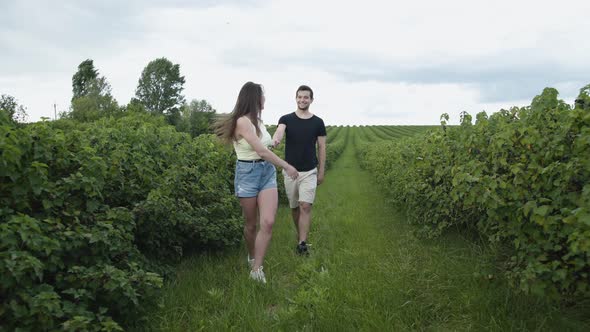 Lovely Couple Walks Among Currant Plantation, Twists on Hands