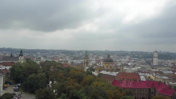 Top View of the City Center Lviv - Trees, Houses and Churches. The Outstanding Ukrainian City From