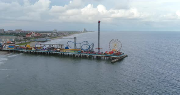 Aerial view of Pier off the coastal area of Galveston Island Texas