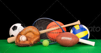 l, basketball, baseball, tennin racquet, volleyball, soccer ball and catchers glove with a balck background.