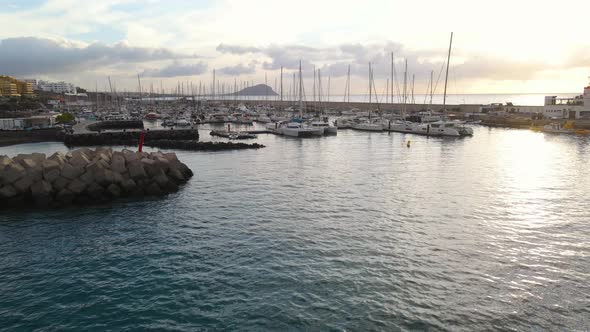 Aerial View of Many Beautiful Yachts are in the Marina San Miguel on Canary Island Tenerife