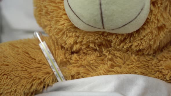 A Teddy Bear Measures the Temperature with a Mercury Thermometer. The Bear Lies in Bed.