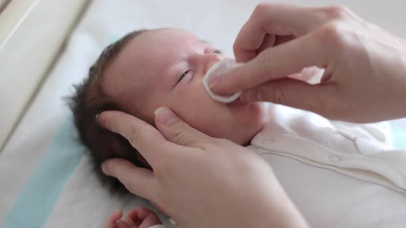 Mother is wiping a baby face with a cotton pad (close-up)