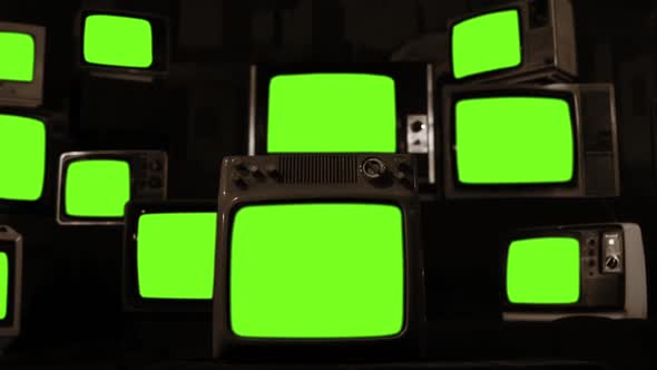 Vintage TVs Turning On Green Screens. Sepia Tone.