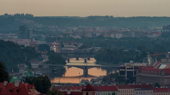 Attractive Morning View of Prague Bridges and Old Town Timelapse Czech Republic