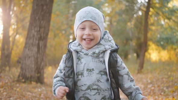 Happy Baby Boy Running in Autumnal Park, Little Child Playing on Autumn Walk, Autumnal Forest