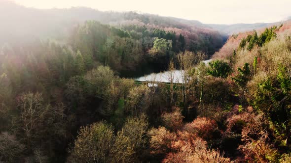 Stroud water canal in United Kingdom, England in autumn, drone view.