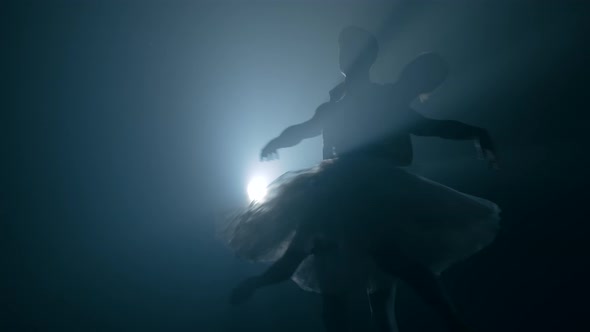 Graceful Ballerina and Her Male Partner Dancing Elements of Classical or Modern Ballet in Dark