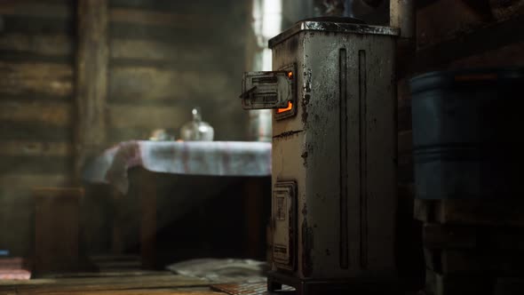 Dark Interior of Retro Log House