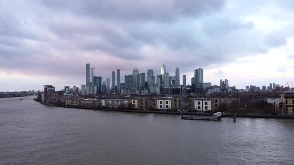 London City Canary Wharf and the River Thames Aerial Drone Shot With Dramatic Clouds