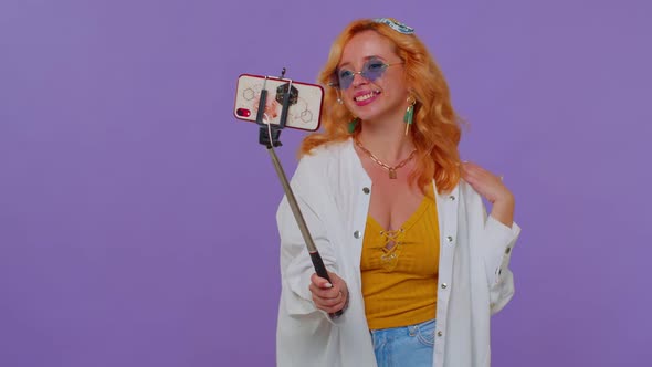 Girl Traveler Blogger in Sunglasses Taking Selfie on Mobile Phone Communicating Video Call Online