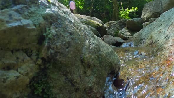 Small stream of water running through rocks in forest. Slow-motion