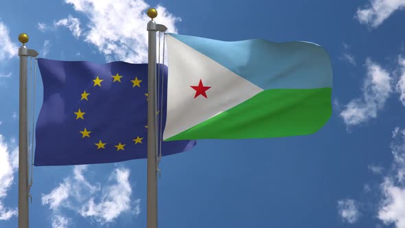 European Union Flag Vs Djibouti Flag On Flagpole