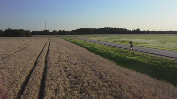 Straight Road in Agriculture Side. Man Rides a Motorcycle on a Sunset Passing in Scene. Aerial View