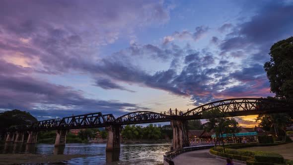 4k Day to Night Time-lapse of Bridge River Kwai in Kanchanaburi, Thailand