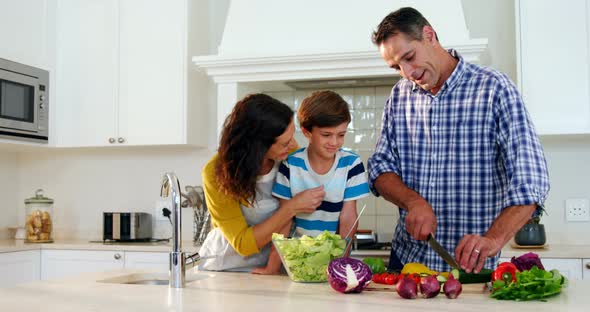 Father chopping vegetables while mother and son watching in kitchen