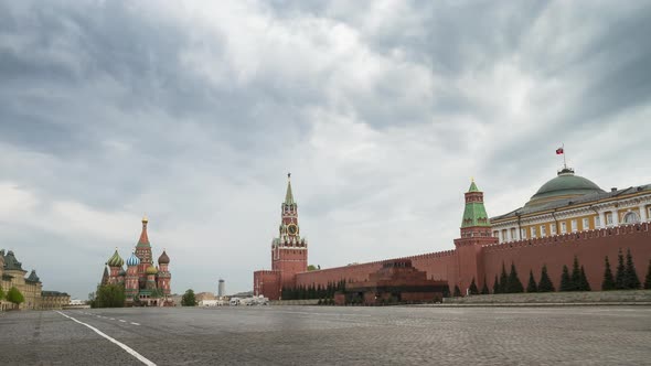 Empty Red Square without people. St. Basil's Cathedral, Mausoleum and Kremlin. Time lapse