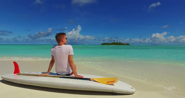 Young people married on vacation enjoy life on beach on white sand background 4K