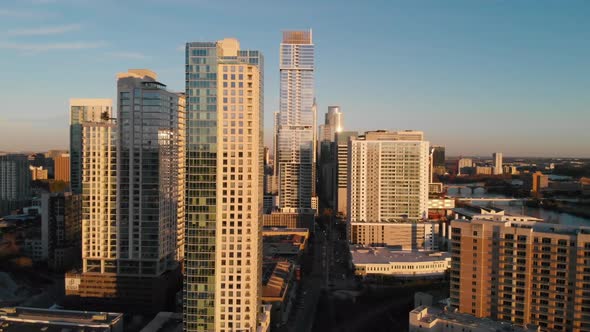 Aerial Drone shot of Downtown Austin, Texas. Shot from the West shooting east, coming from mopac. Ri