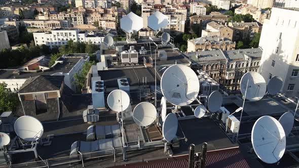 Kyiv, Ukraine: TV Antennas on the Roof of the Building. Aerial.