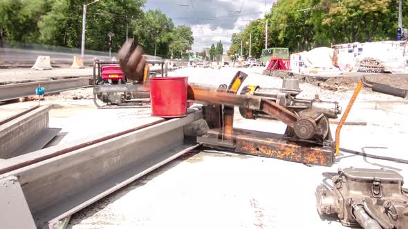 Road Construction Site with Tram Tracks Repair and Maintenance Timelapse