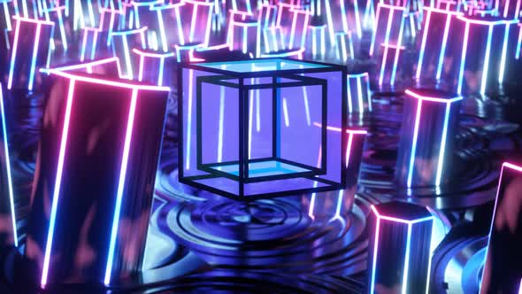 Floating Shimmering Cube Above The Iridescent Pillars 02