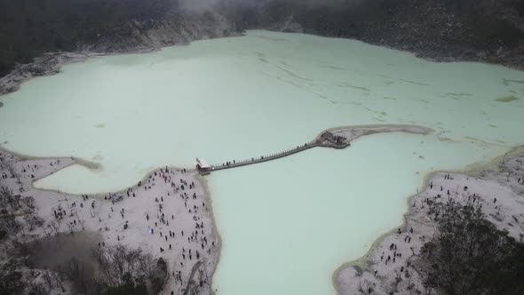 Aerial view of white crater, bandung, Indonesia with foggy weather