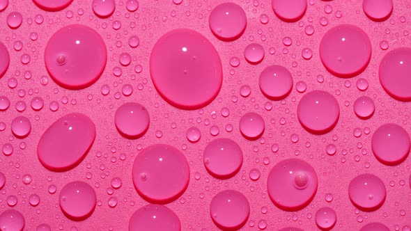 Closeup Transparent Water Drops Texture Rotating on Pink Abstract Background