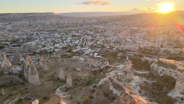 Sun Over Goreme. Cappadocia, Turkey. Aerial View