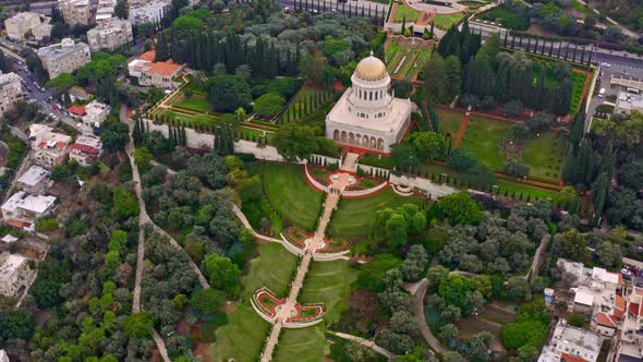 Bahai temple and gardens in Haifa, Israel, 4k aerial drone view