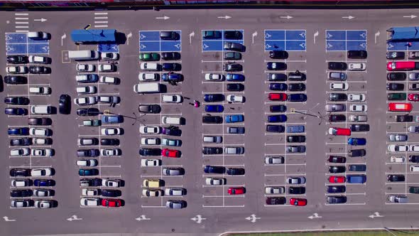 Drone Aerial Footage Top Down View of a Large Supermarket Parking Lot