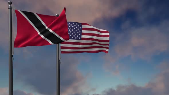 Trinidad And Tobago Flag Waving Along With The National Flag Of The USA - 2K