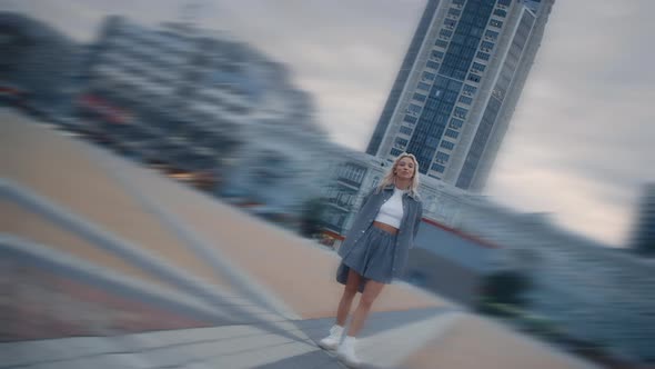 Young Woman Standing City at Sunset in Urban Area Modern Architecture