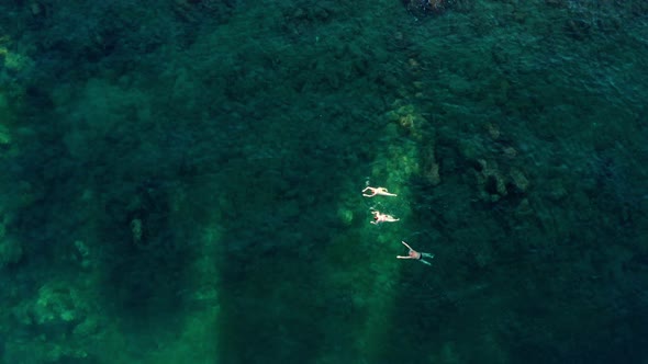 Top View on Three People Swimming in the Sea in Transparent Water with Big Stones at the Bottom
