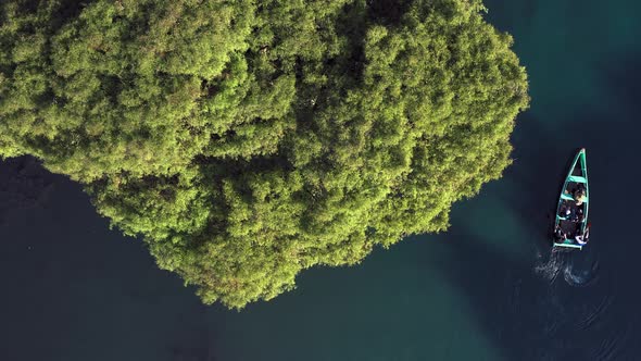 AERIAL: Lago De Camecuaro, Boat, Tangancicuaro, Mexico (Steady Down)