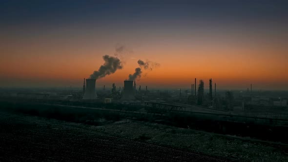 Aerial View Oil Refinery At Sunset