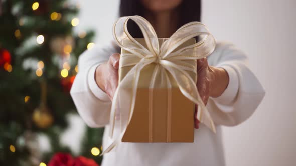 Woman Holding Christmas Gift Box 