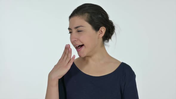 Sleepy Indian Woman Yawning White Background