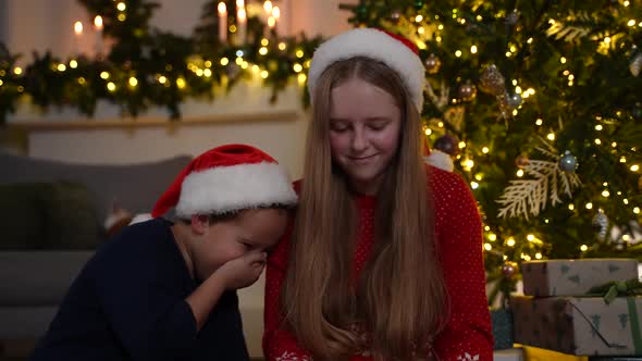 Happy Kids Watching Video on Tablet Under Fir Tree