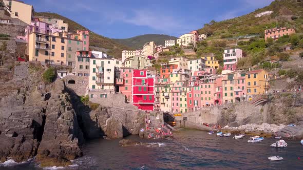 Aerial travel view of Riomaggiore, Cinque Terre, Italy.