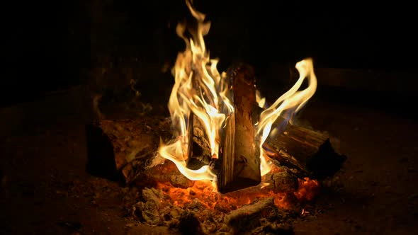 Flames of a Campfire in the Night, Fire Burning in Fireplace, Slow Motion Shot