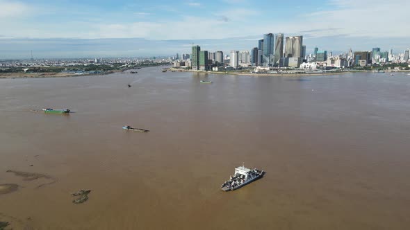 Aerial view of Phnom Penh along the riverside, Cambodia.