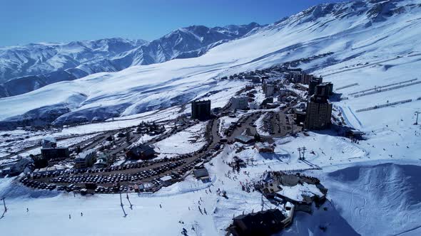 Panoramic view of Ski station centre resort at snowy Andes Mountains.