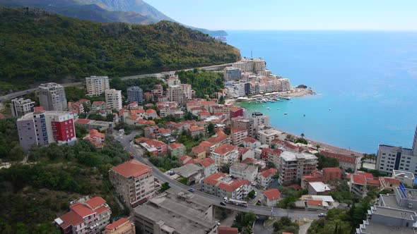 Aerial Shot of the Becici or Bechichi a District of the City of Budva Famous Tourist City in