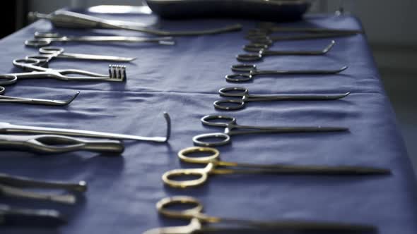 Close-up of surgical tools on tray
