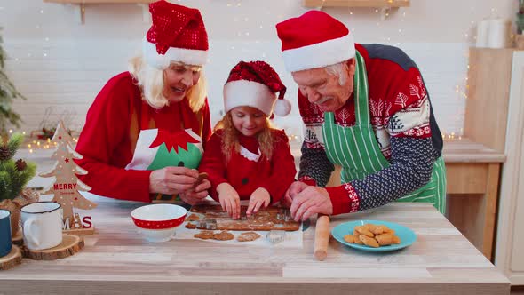 Senior Old Grandparents with Grandchild Girl Kid Preparing Cooking Cookie at Home Christmas Kitchen
