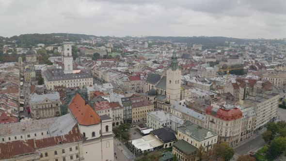 Aerial Drone Video of European City Lviv Ukraine Rynok Square Central Town Hall Latin Cathedral