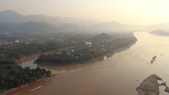 Aerial View Of Mekong River And Luang Prabang City